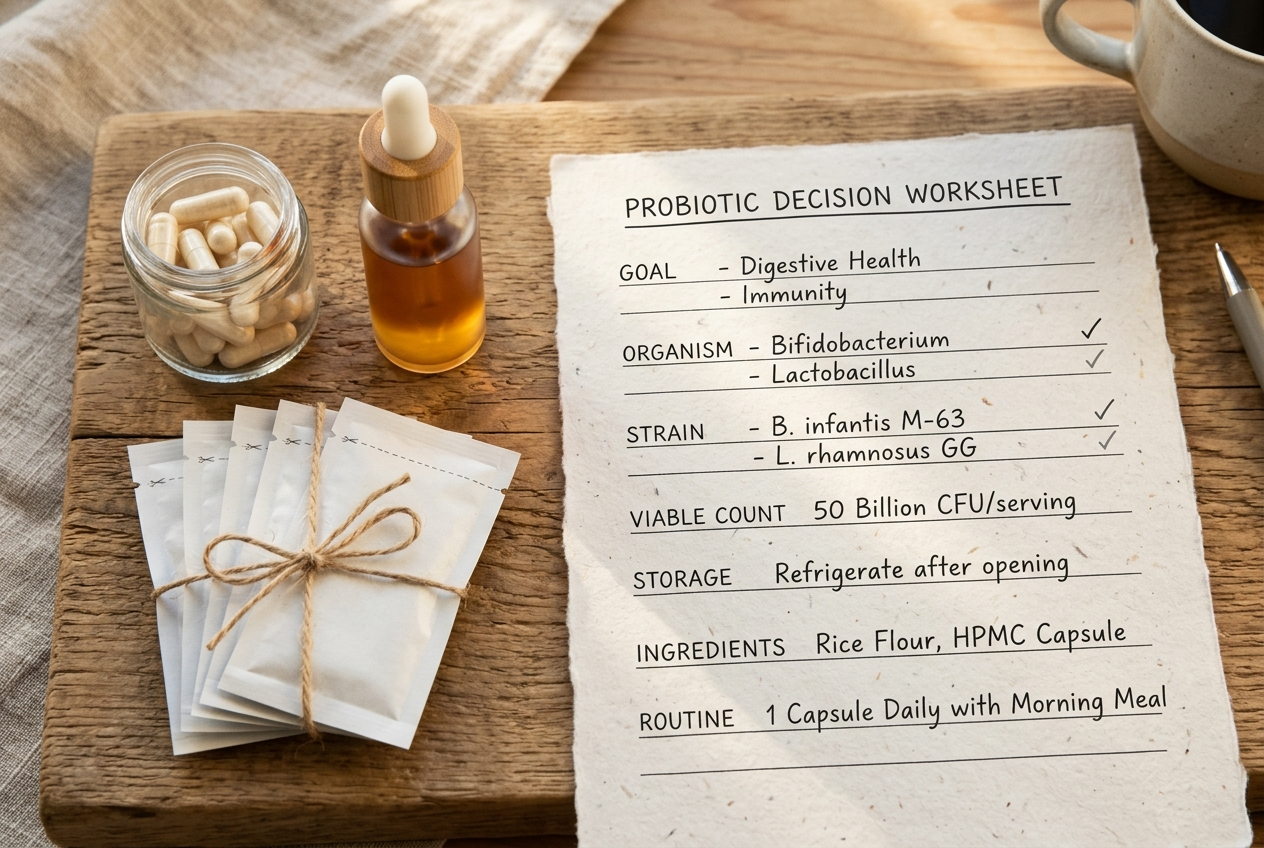 Probiotic selection worksheet beside gummy and capsule formats