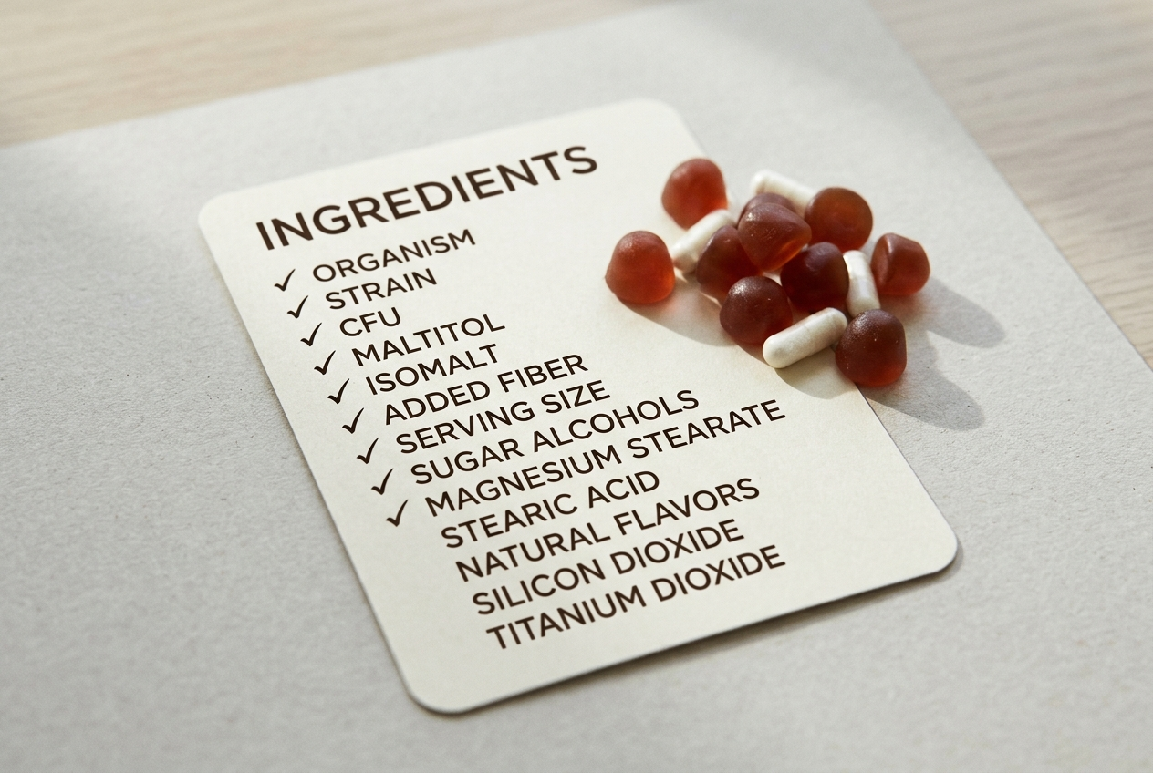 Probiotic label checklist highlighting strain, CFU, sugar alcohols, and added fiber