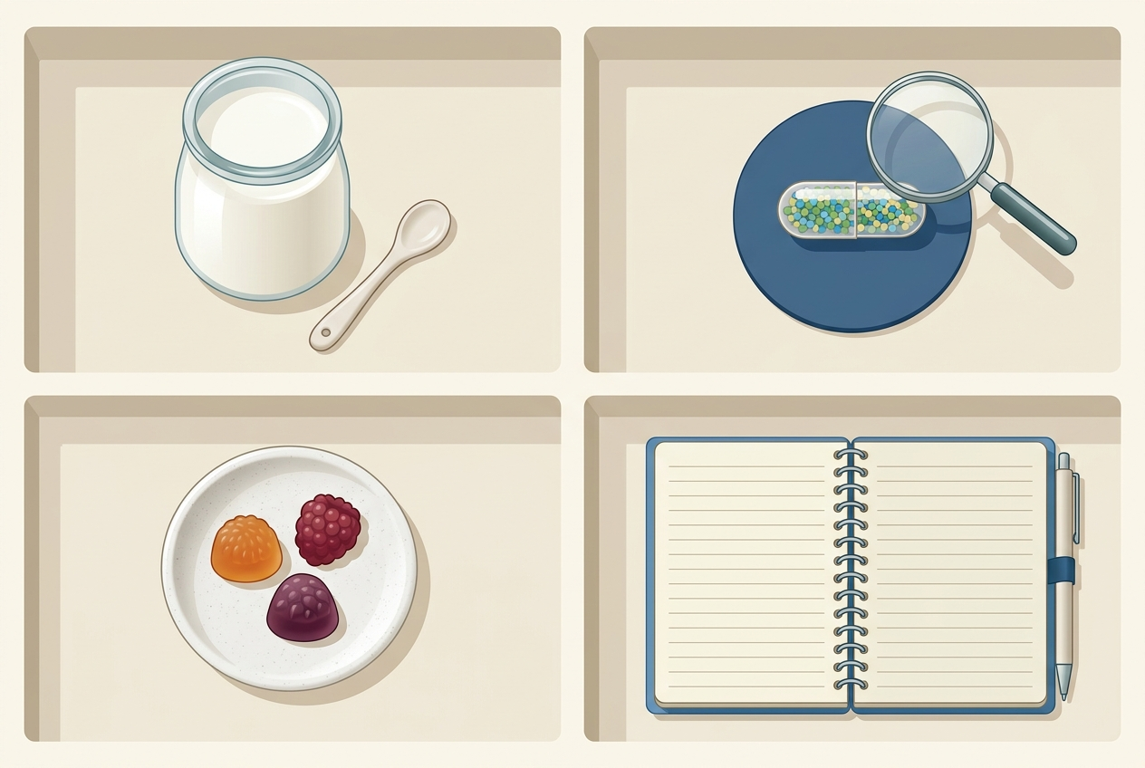 Kefir, a strain-coded capsule, probiotic gummies, and clinician-directed evaluation shown as four options