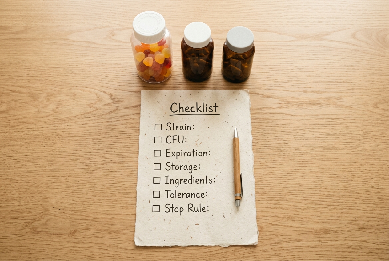 Probiotic label checklist comparing strain, CFU, storage, ingredients, and tolerance