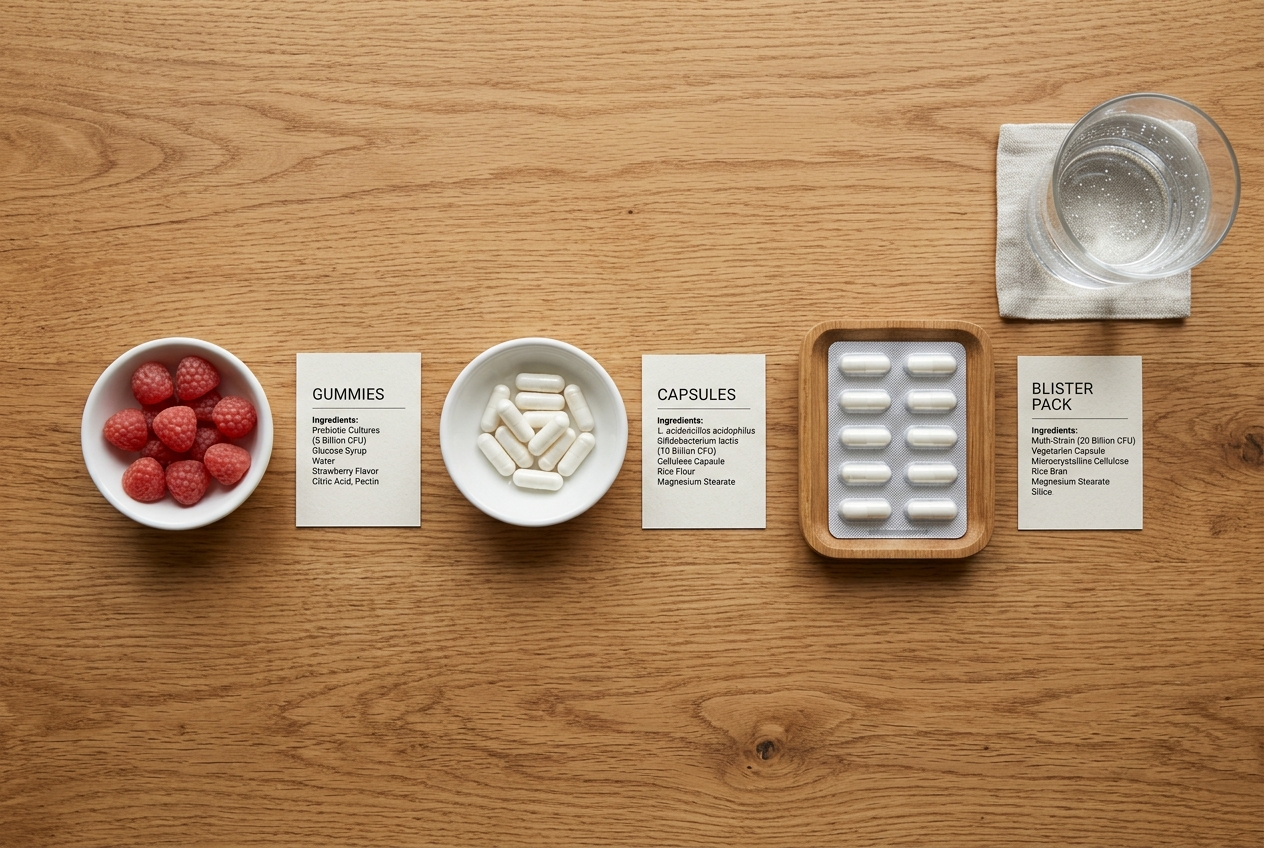 Gummy, capsule, and blister-pack probiotic formats arranged for label comparison