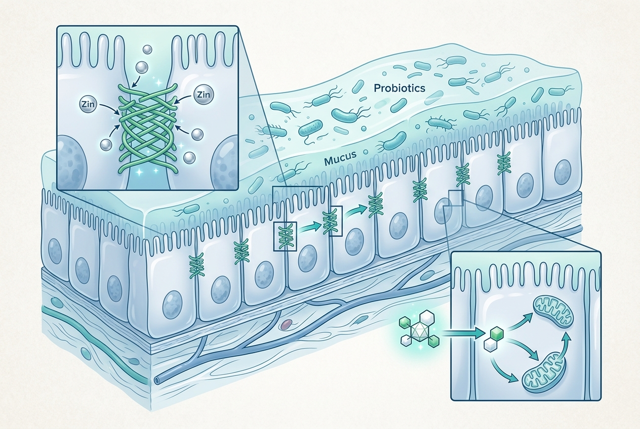 Cross-section diagram showing how gut barrier supplements support intestinal epithelial cells and tight junctions