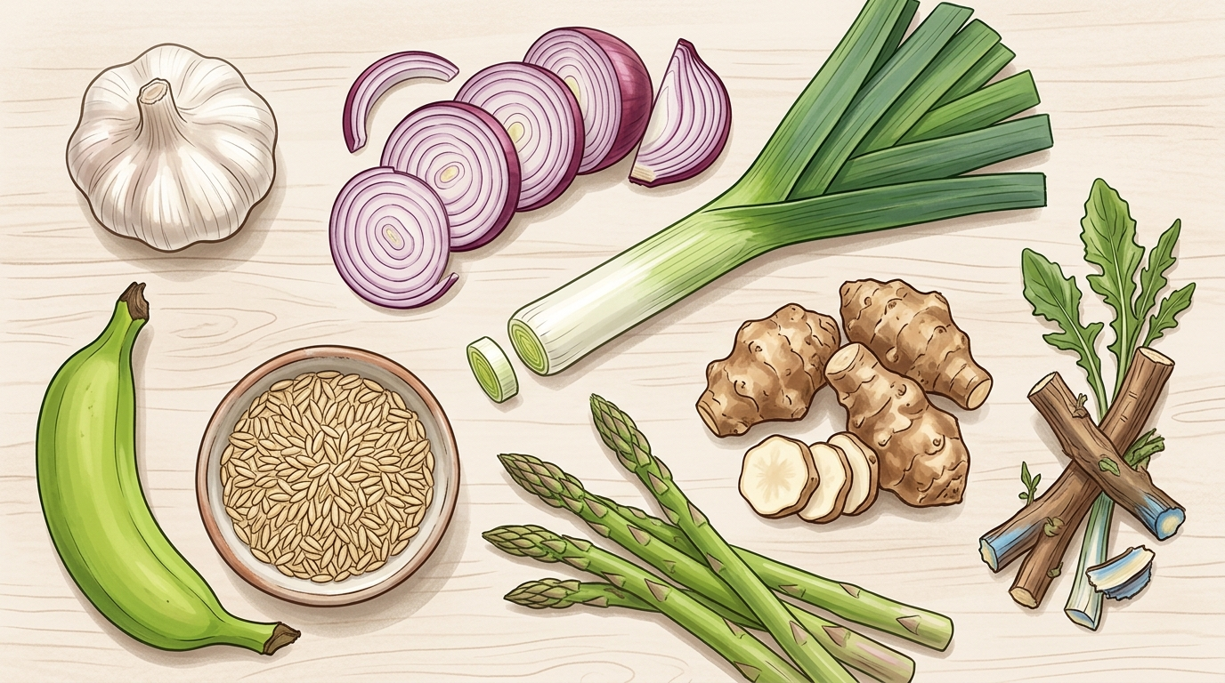 Flat-lay of the best prebiotic foods including garlic, onion, leeks, Jerusalem artichoke, asparagus, green banana, oats, and chicory root