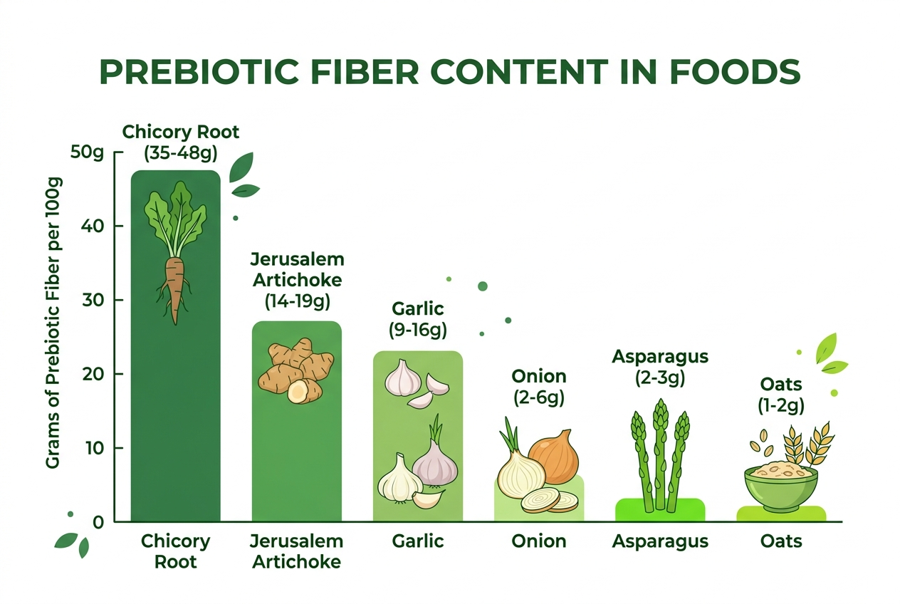 Bar chart comparing prebiotic fiber content per 100 grams across top prebiotic foods from chicory root to oats